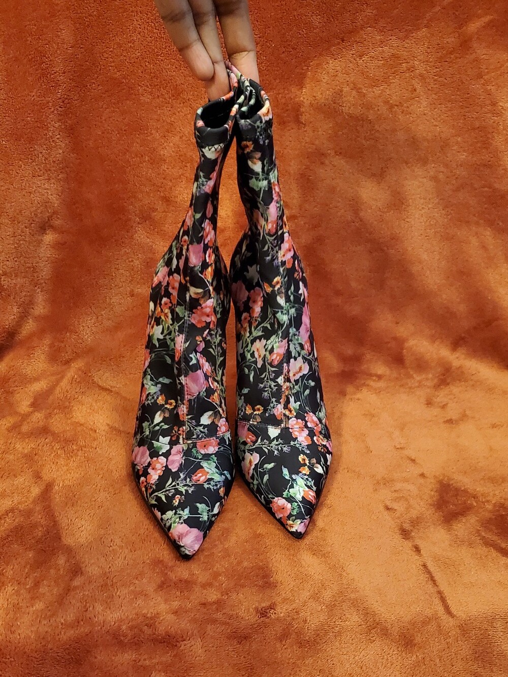 STEVE MADDEN Floral Pointed Toe Sock Heeled Boots